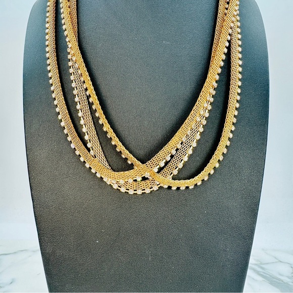 Retro Mesh 3 Chain Necklace Rhinestone Accent Layers Gold Tone Disco Glam 20” - Picture 3 of 11